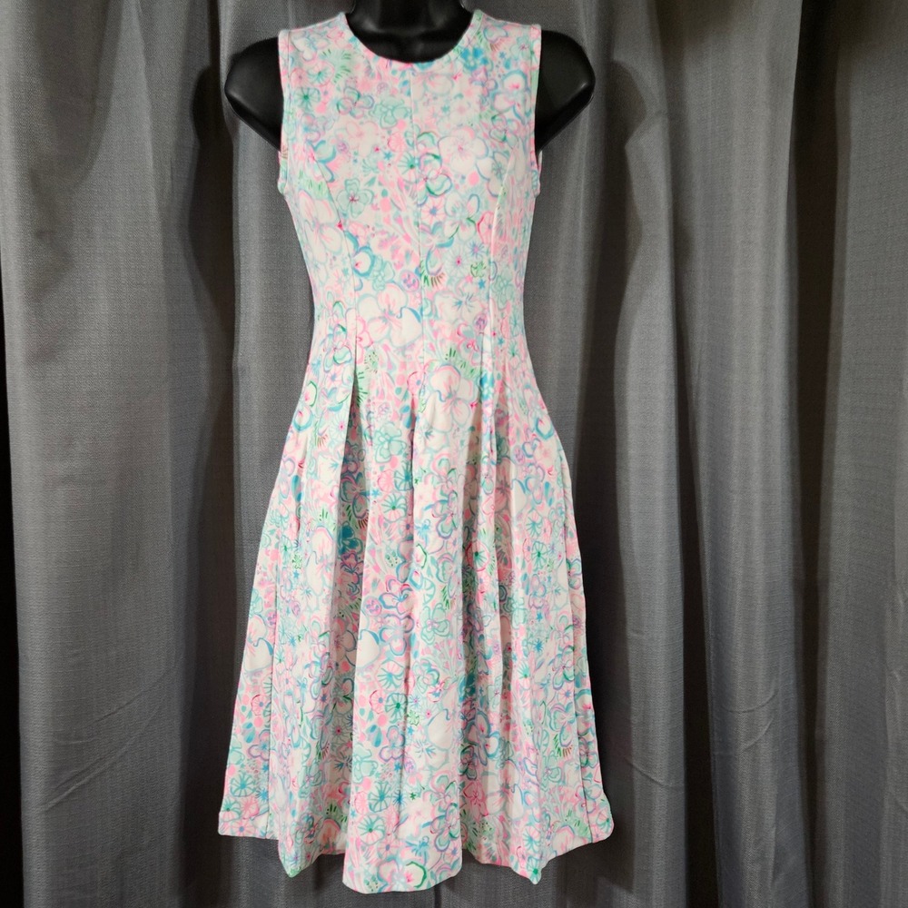 Lilly Pulitzer Kinsey Floral Fit and Flare Dress Sleeveless Pink Blue XS